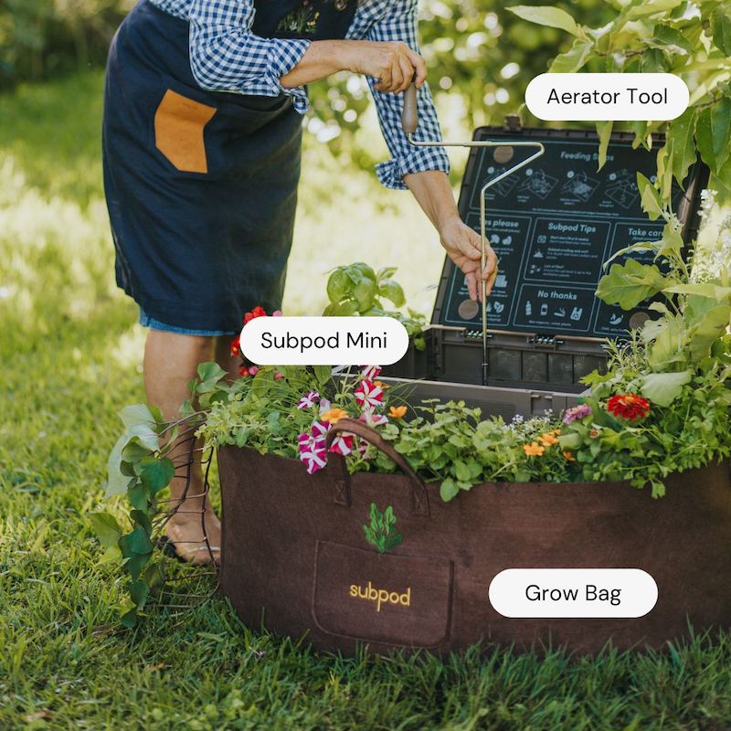 woman aerating her compost with Grow Bag Bundle - Subpod US