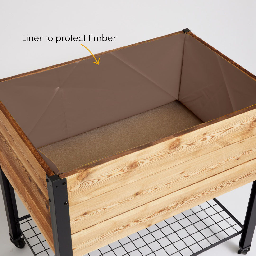 wooden planter box on wheels
