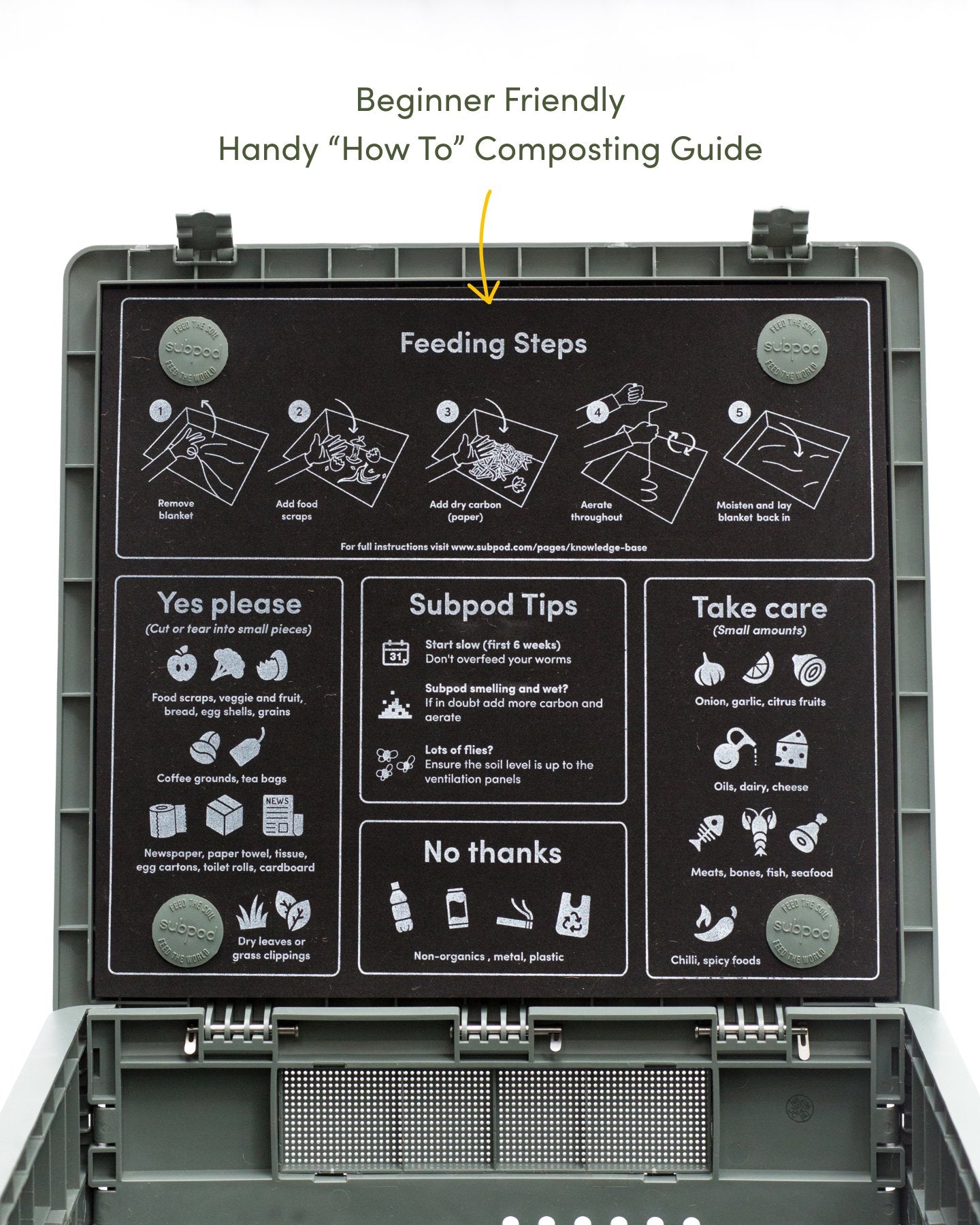 Subpod Mini Compost Bin and Worm Farm  with worm feeding guide on lid- Subpod US