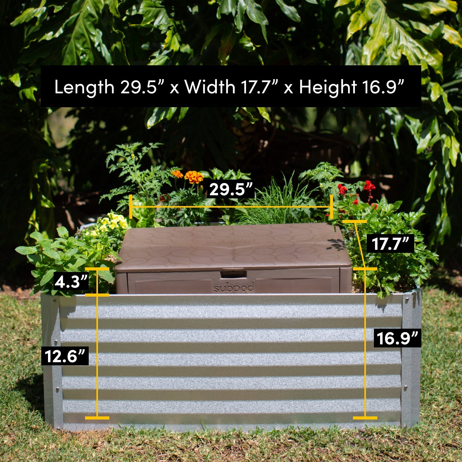 subpod compost bin in galvanised steel raised garden bed with dimensions